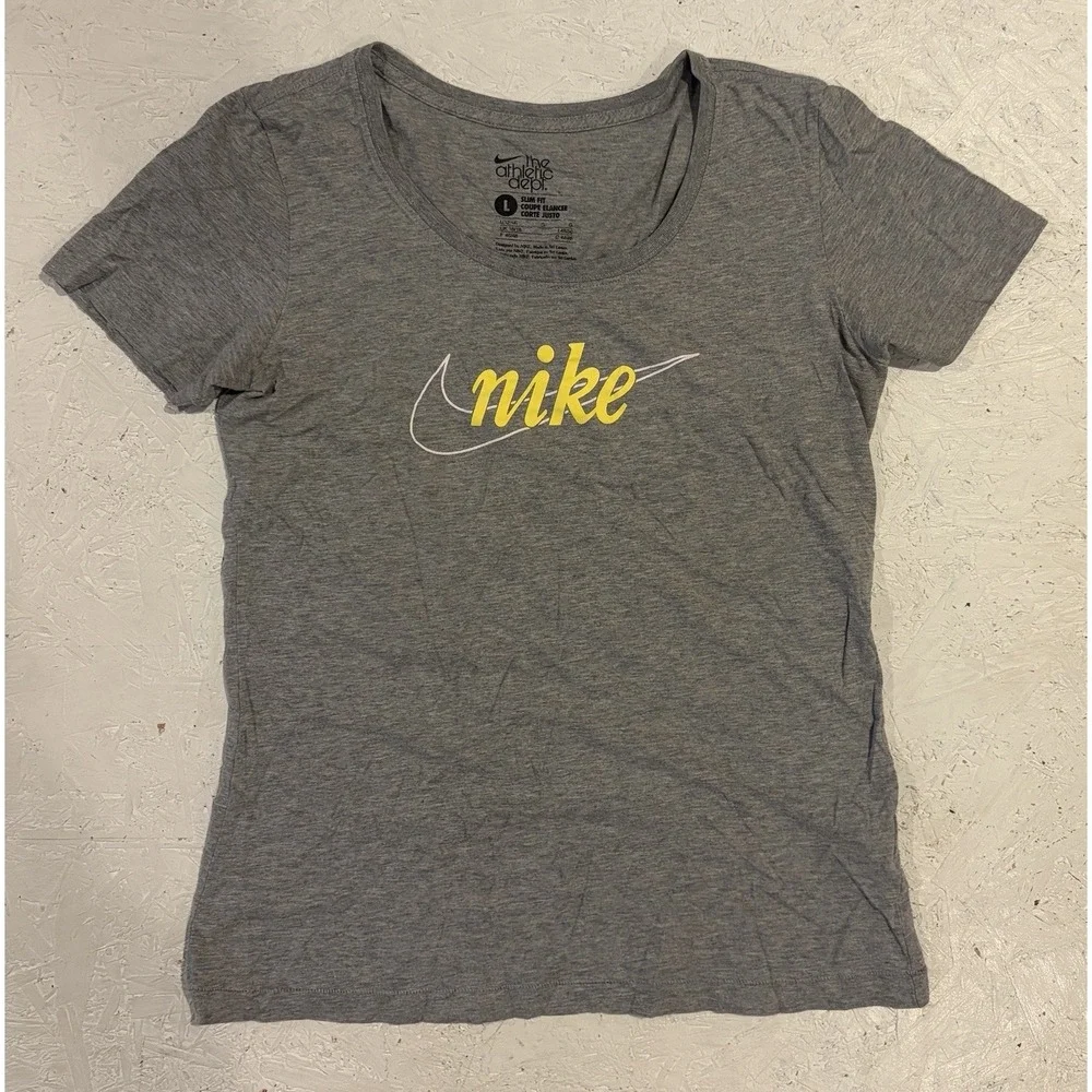 Nike Athletic Shirt Slim Fit Womens Large Short Sleeve Gray Yellow Comfort‎
